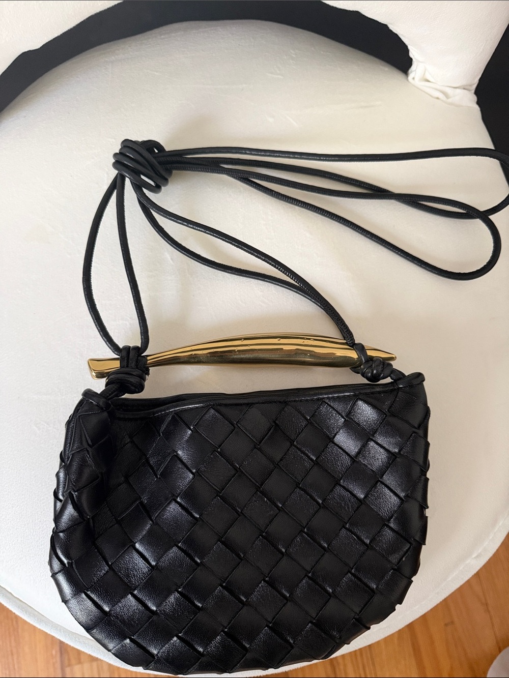 Bottega Veneta Black Woven Leather Crossbody with Gold Accent